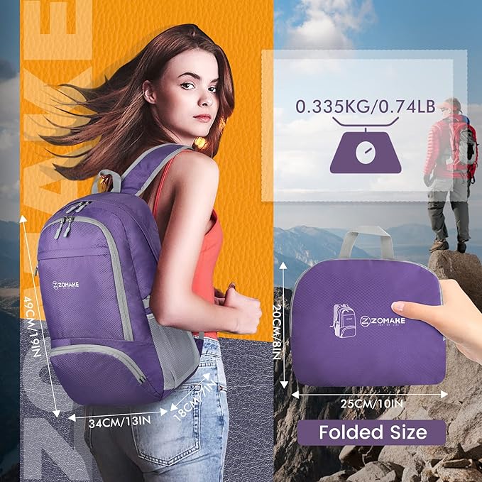 ZOMAKE Lightweight Packable Backpack 30L - Foldable Hiking Backpacks Water Resistant Compact