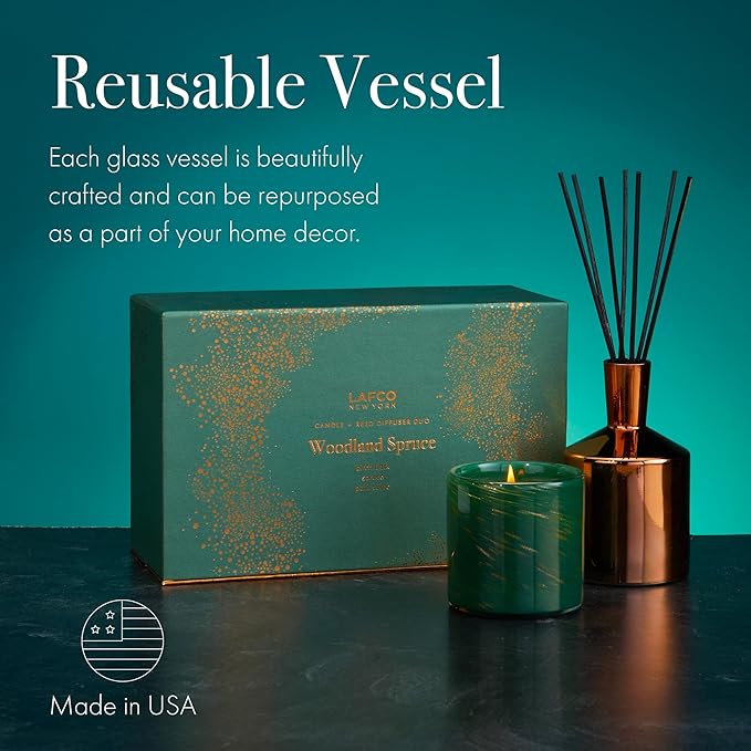 LAFCO New York Woodland Spruce Classic Candle & Diffuser Set - Reusable Glass Vessels - Made in The
