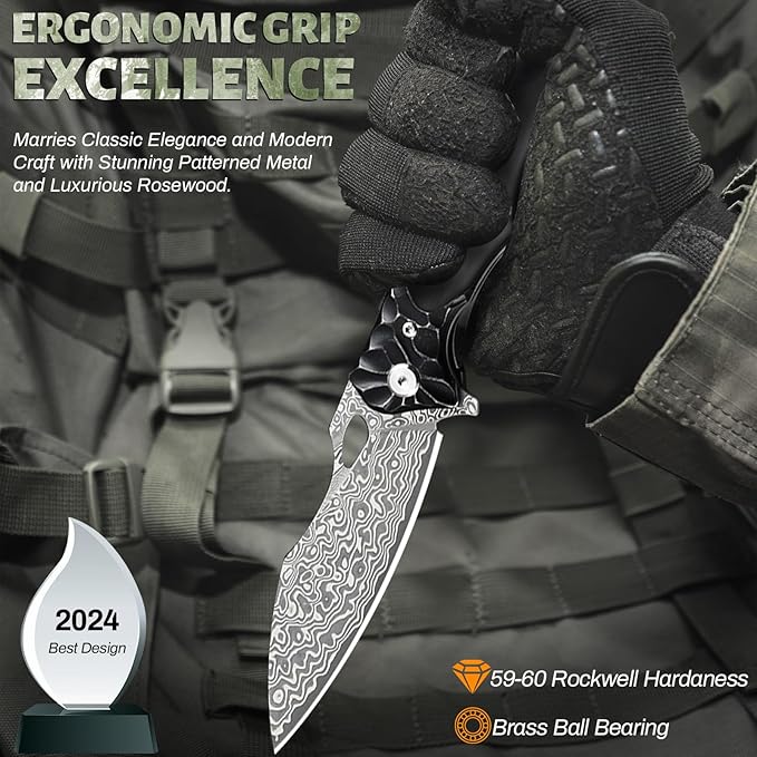 Pocket Knife for Men, Hunting knife with sheath, Damascus Steel Folding knife with Ebony Wood