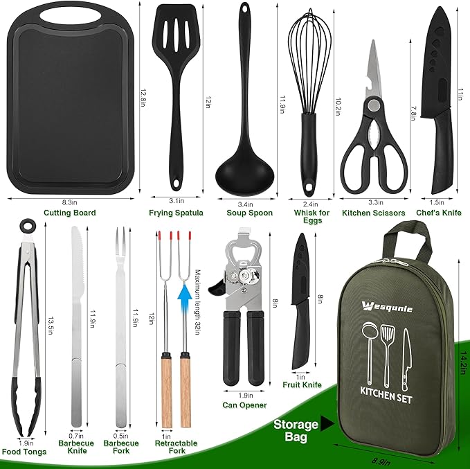 Camping Essentials Cookware Cooking Utensils Set - Portable Camp Kitchen Mess Kit Outdoor