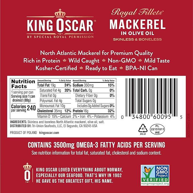 King Oscar Mackerel in Olive Oil, 4.05 Ounce Can (Pack of 12, Packaging May Vary), Skinless &