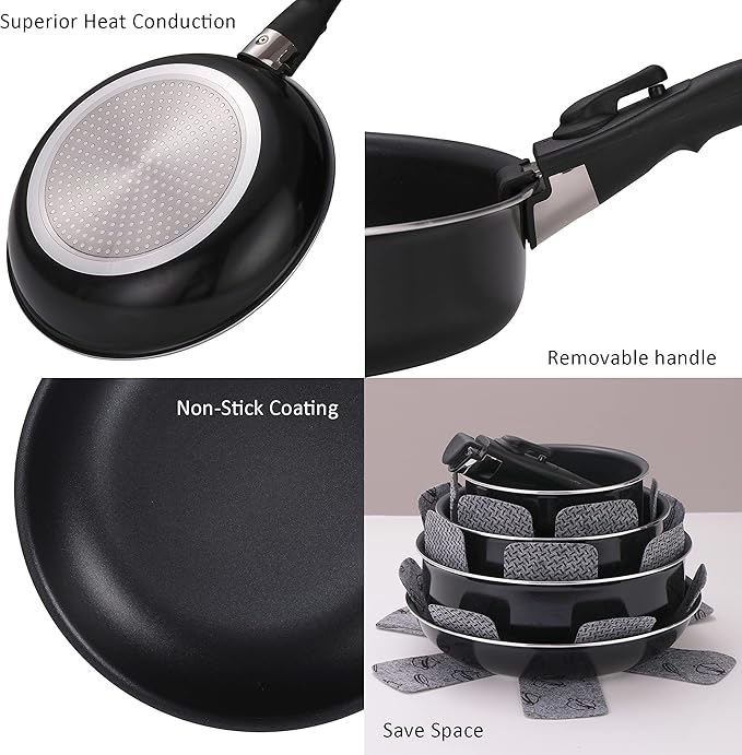 16 Pieces Kitchen Removable Handle Cookware Sets, Stackable Pots and Pans Set Nonstick for
