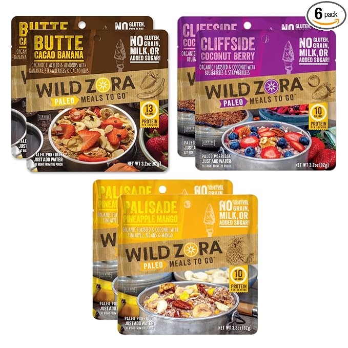 Wild Zora Paleo Freeze Dried Breakfast Meals, 6 Pack, Gluten Free Camping and Backpacking Food, No