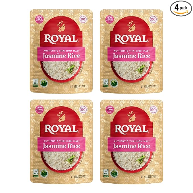 Royal Authentic Thai Hom Mali White Jasmine Rice - Microwave Rice - Dinner Side Dish - (4 Pack) 8.5