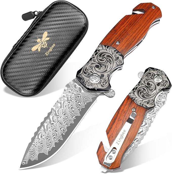 Pocket Knife with Glass Breaker, EDC Damascus Folding Knife with Seatbelt Cutter, 3.35" VG10