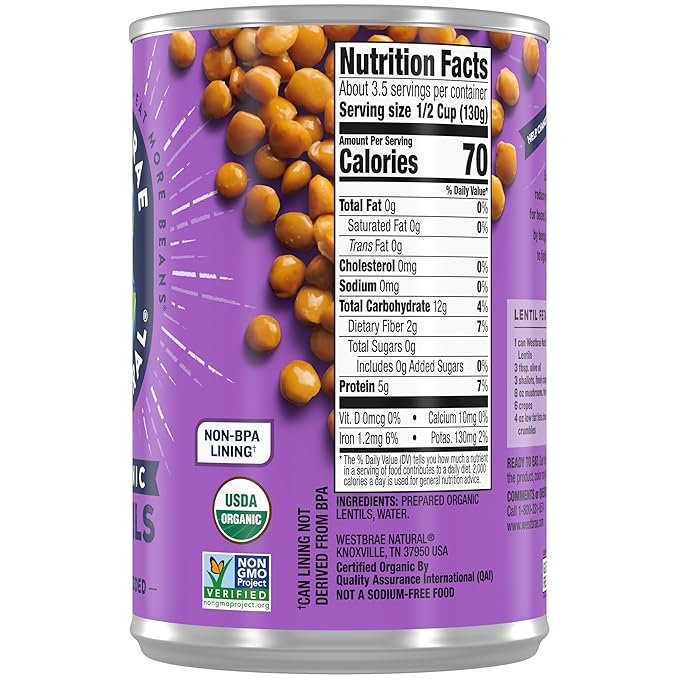 WESTBRAE 15 oz Natural Organic Lentil Beans, No Salt Added, Source of Plant Based Protein and