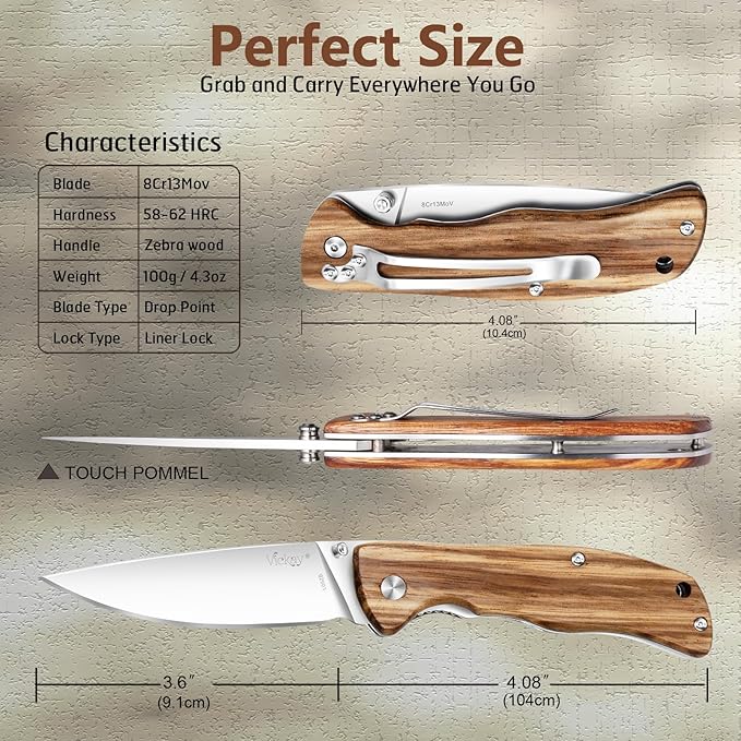 Vickay Pocket Knife for Men, Folding Knife with Clip, 3.74" 8Cr13MoV Steel Blade, Wood Handle EDC