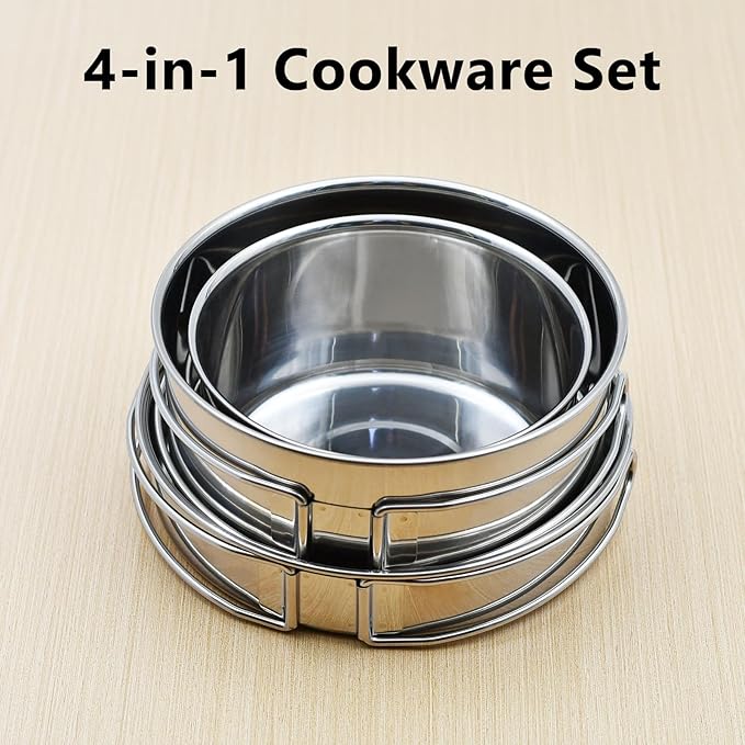 18/8 Stainless Steel Camping Cook Pot Set of 4 pcs, Camping Messware Kit, Camping Cooking Set