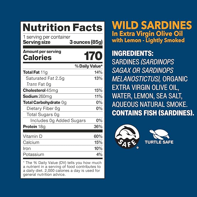 Wild Planet Sardines in Lemon, Nutritional Powerhouses Packed with Flavor, 4.4oz Cans, 6Count