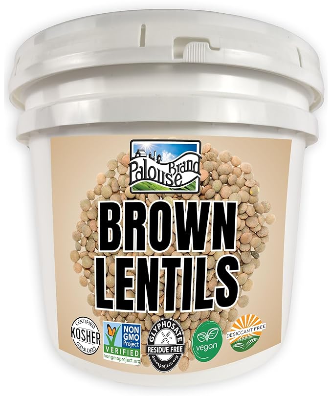 Palouse Brand Certified Glyphosate Residue Free Brown Lentils | 25 LBS | Food Storage Bucket |