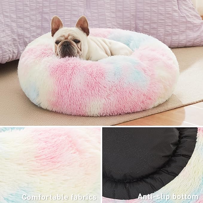 Love's cabin Calming Cat Bed for Indoor Cats,Anti-Anxiety Donut Round Dog Bed,Fluffy Faux Fur