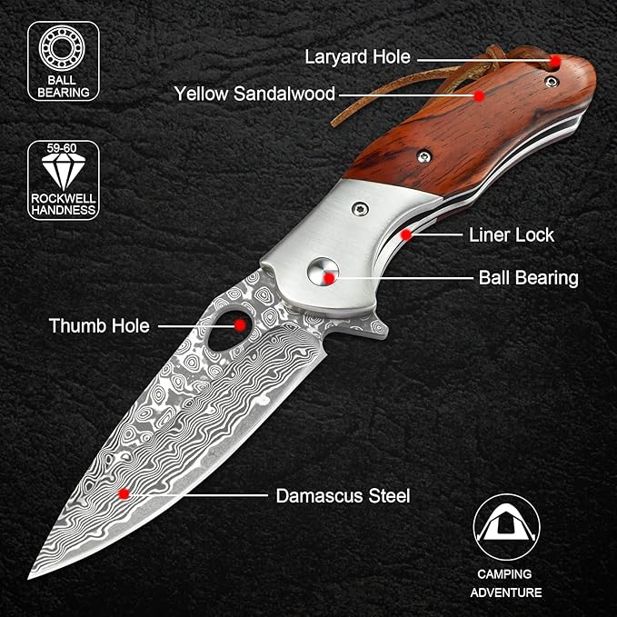KOMWERO Damascus Pocket Knife for Men, VG10 Core Damascus Steel Folding Knife with Wood Handle