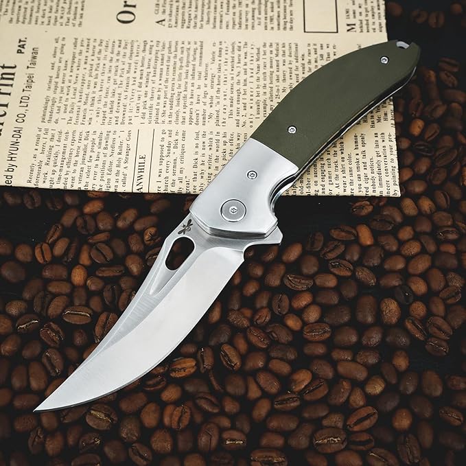 Pocket Knife with Clip, 3.7" 14C28N Blade EDC Folding Knife with Green G10 Handle, Outdoor Camping