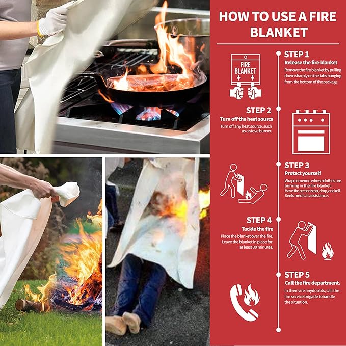 Fire Blanket for Kitchen and Home, 40" x 40", Fiberglass Emergency Fire Blanket, 2 Pack