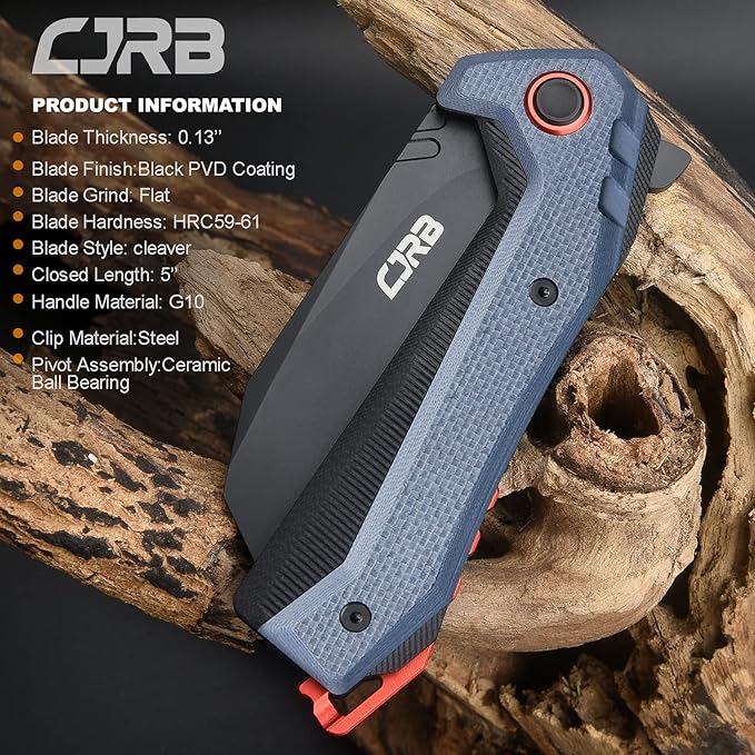 CJRB Tigris Tactical Knife, Pocket Knife with AR-RPM9 Powder Steel Black PVD Blade Black & Blue G10