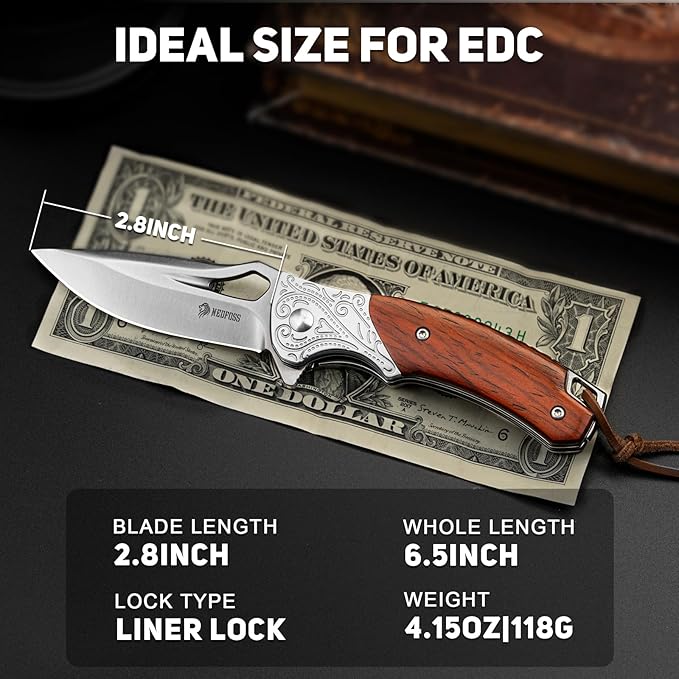 NedFoss Heron Pocket Knife for Men, 2.8" 14C28N Steel EDC Knife with Premium Sandalwood Handle