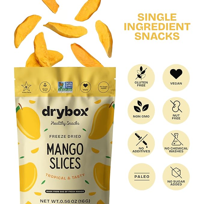 Drybox Freeze Dried Mangos Sliced | 100% Natural Fruit | Freeze Dried Mango Source | No Sugar &