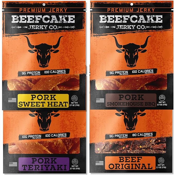 BEEFCAKE Jerky Best Sellers Collection, Includes Beef Jerky Sweet Heat, Teriyaki, Original &