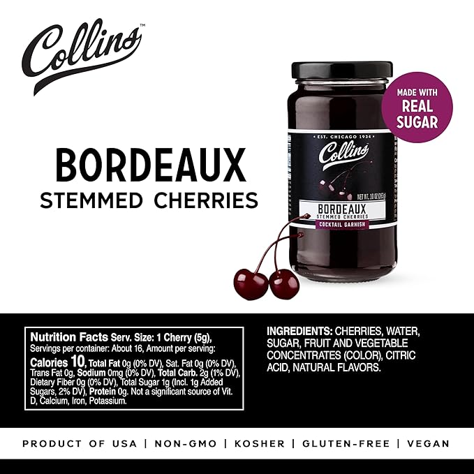 Collins Stemmed Black Cherries for Cocktails, Old Fashioned, Manhattan, and Whiskey Sour, Cocktail