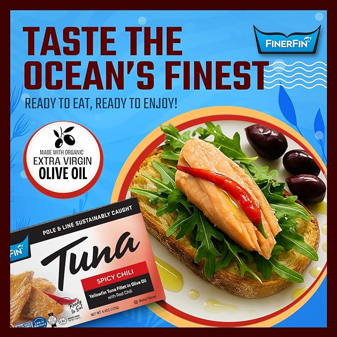 FinerFin Yellowfin Tuna In Organic Olive Oil ??Spicy Chili Flavor (4.4oz can - 6 Pack); Premium