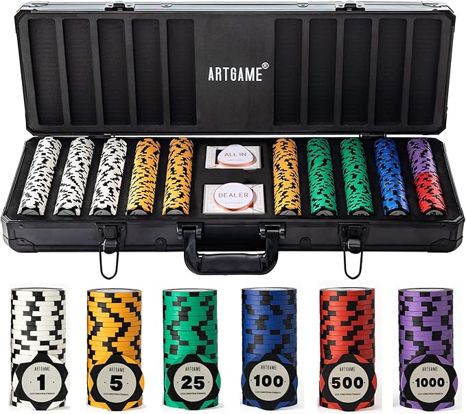 ARTGAME 14 Gram Clay Poker Chip Set for Texas Hold’em, 500 Pcs Casino Style Chips, with K-Type