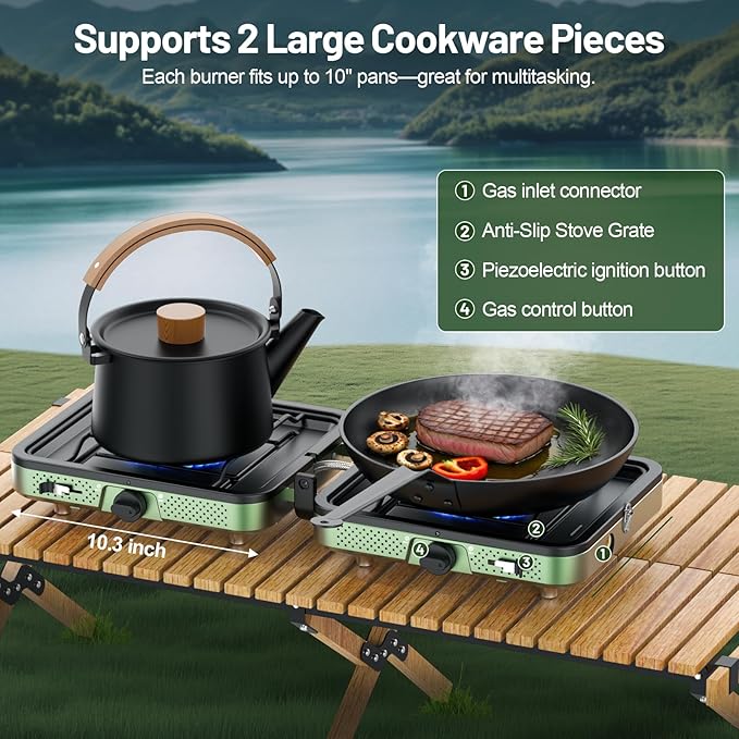 Portable Gas stove, 2 Burner Camping Stove with Griddle and Carrying Bag & Hose, 8600BTU Portable