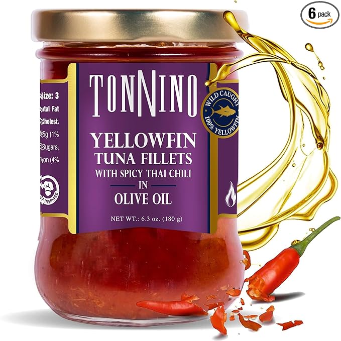 Tonnino Tuna Yellowfin Fillets (Pack of 6, Spicy Thai Chili in Olive Oil)