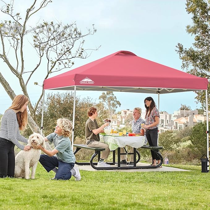 EAGLE PEAK Pop Up Canopy Tent with Wheeled Carry Bag, 8 Stakes, 4 Ropes, 4 Weight Bags, Easy Set Up