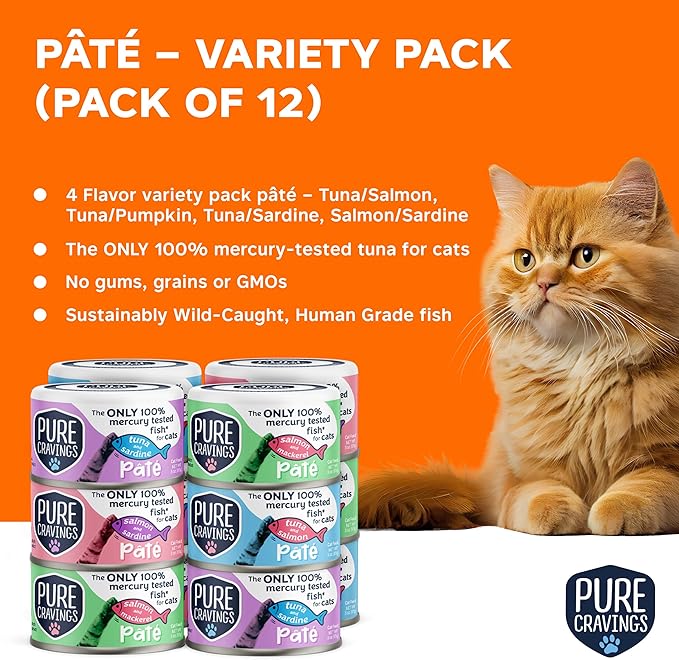 Pure Cravings Pate, Canned Wet Cat Food, 100% Mercury-Tested, Moist Can Fish, Grain-Free Protein