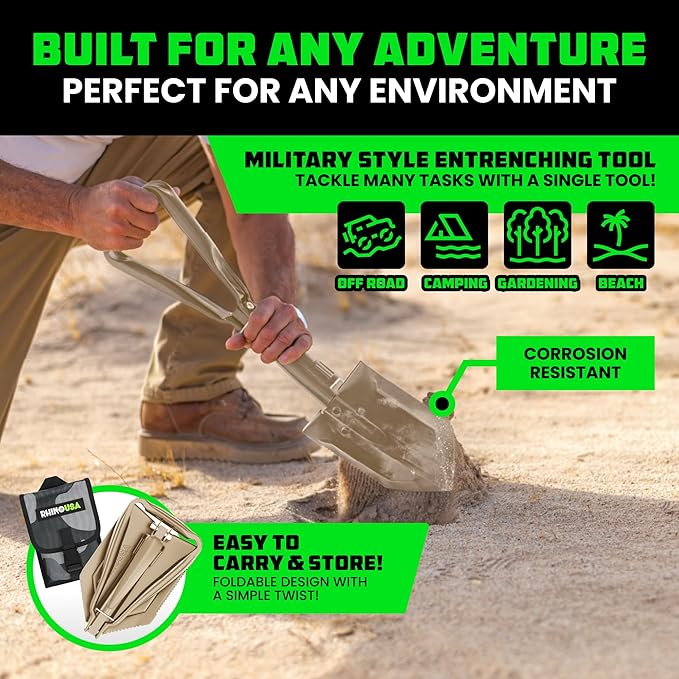 RHINO USA Folding Survival Shovel w/Pick - Heavy Duty Carbon Steel Military Style Entrenching Tool