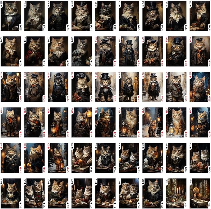 Victorian Cats Playing Cards (Poker Deck 54 Cards All Different) Handsome Cats in Victorian Suits