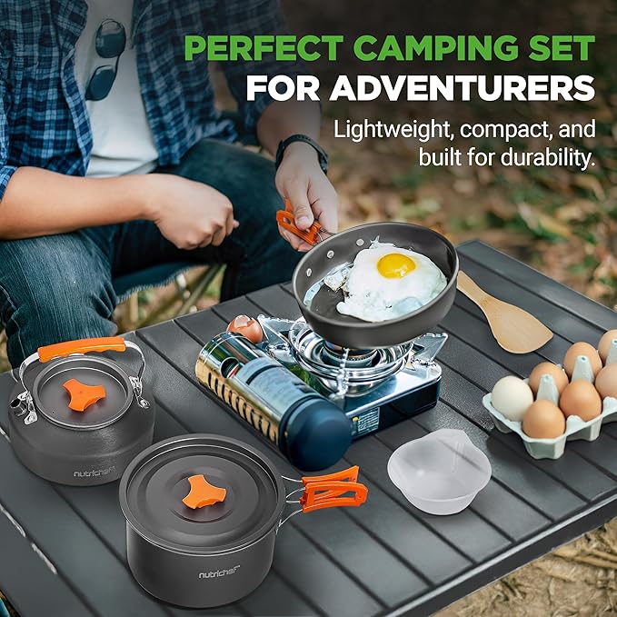 NutriChef Camping Cookware Set - Lightweight Nonstick Pots, Pans, Utensils, Bowls, Cutlery, and