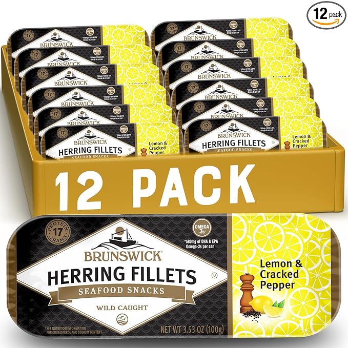 Brunswick Herring Fillets in Lemon & Cracked Pepper, 3.53 Oz (Pack of 12) - 15g Protein per Serving