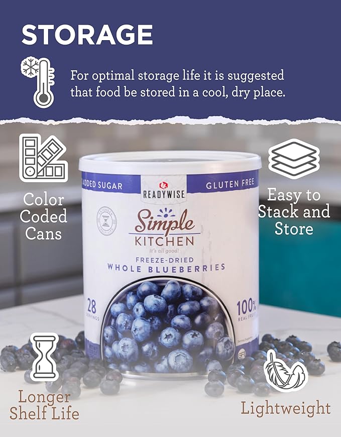 READYWISE - Simple Kitchen Freeze Dried Whole Blueberries, 28 Servings, Vegan, Gluten Free, Fruit