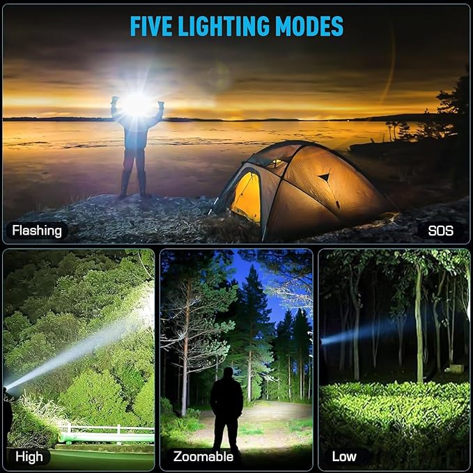 Headlamp 90000 LUMENS LED Rechargeable Head Lamps, Zoomable Headlight with 5 Modes & IPX7