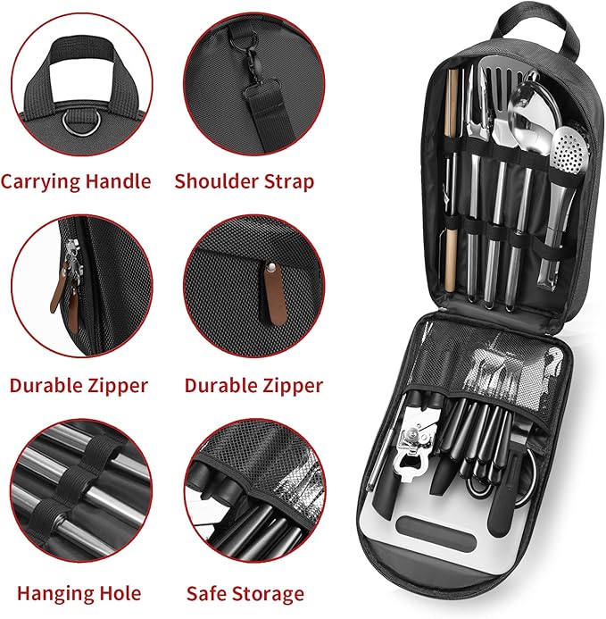 Portable Camping Kitchen Utensil Set-27 Piece Cookware Kit, Stainless Steel Outdoor Cooking and