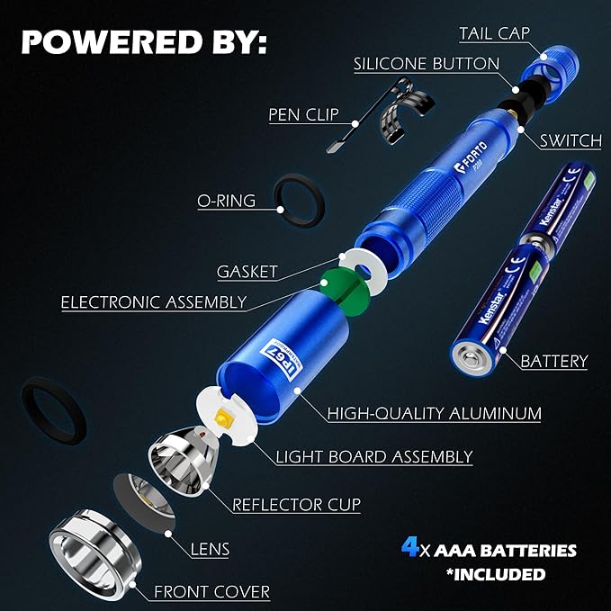 FORTO LED Pen Light, 200 Lumens Pocket Flashlight, IP67 Waterproof, 2 Modes, 2 Pack with AAA