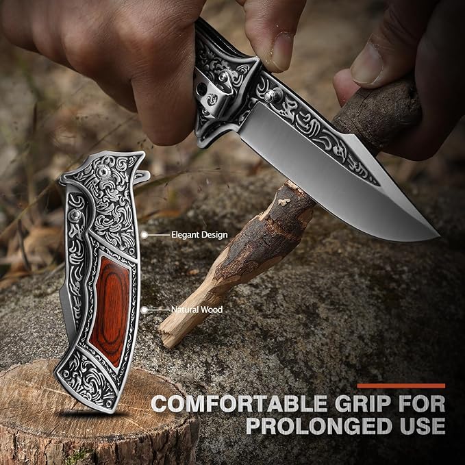 Pocket Knife with Sheath and Clip, 440C Stainless Steel Folding Knife 3D Retro Embossed Pattern