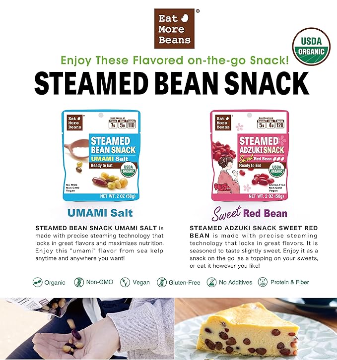 ?�Eat More Beans??STEAMED BEAN SNACK -UMAMI Salt USDA Certified Healthy Vegan Snacks Ready to Eat