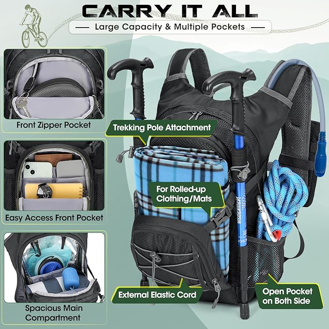 Hydration Backpack with Water Bladder, 18L Lightweight Hiking Backpack for Women&Men Small