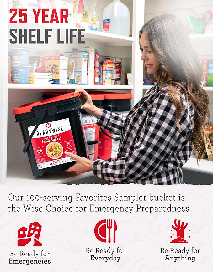 ReadyWise Emergency Food Supply - 100 Servings Favorites Bucket, Protein Meals, Dehydrated & Freeze
