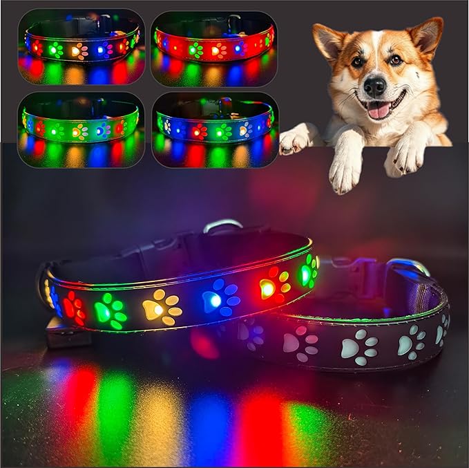 LED Light Up Dog Collar, USB-C Rechargeable, Multicolor Paw Print Design, 15 Modes Lighting Night
