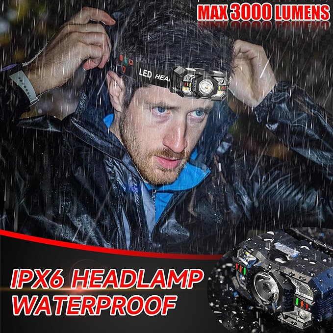 Headlamp Rechargeable 2Pack, 3000 Lumen Ultra-Light Bright Headlamp Flashlight with White Red