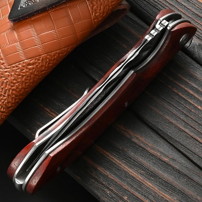 Sitivien ST242 Damascus Steel Folding Knife,Flipper Liner Lock Knife with Damascus VG10 Core