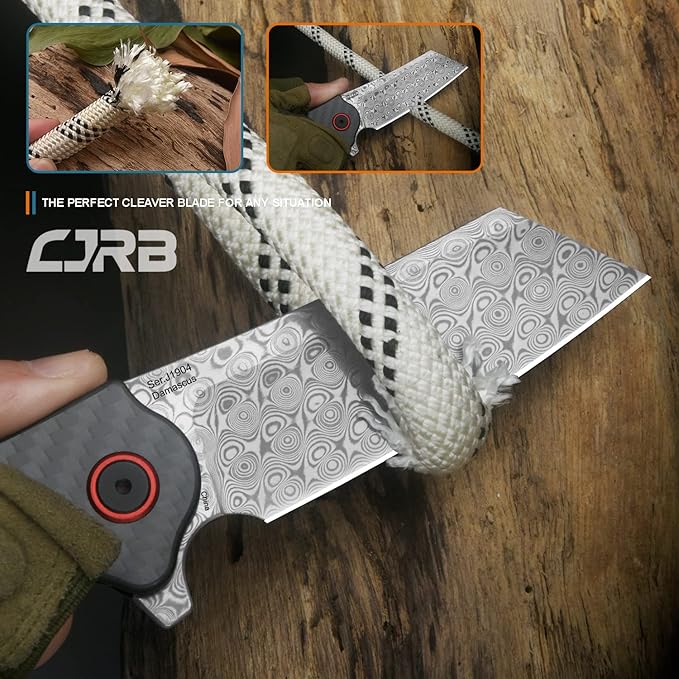 CJRB Crag Folding Pocket Knife, 3.43" Rose Damascus steel Blade Carbon Fiber Handle EDC Knife with