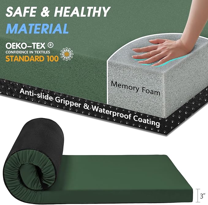 CYMULA Memory Foam Camping Mattress Pad,3inch Sleeping Pad for Camping,Non-Slip Bottom Floor Cot