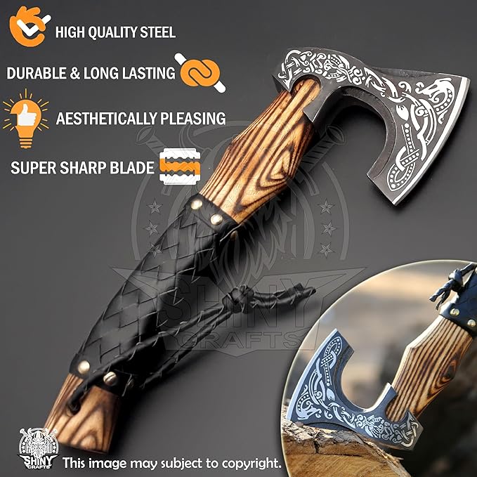 SHINY CRAFTS®- Hand-Forged Viking Axe for Men Leather-Wrapped Handle & Sheath Great for Birthdays