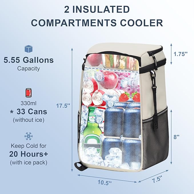 SPARTER Backpack Cooler Insulated Leak Proof 33/49 Cans, 2 Insulated Compartments Thermal Bag