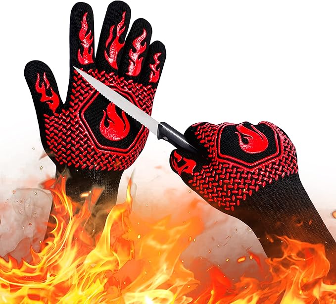 BBQ Fireproof Gloves, Grill Cut-Resistant Gloves 1472°F Heat Resistant Gloves, Non-Slip Silicone