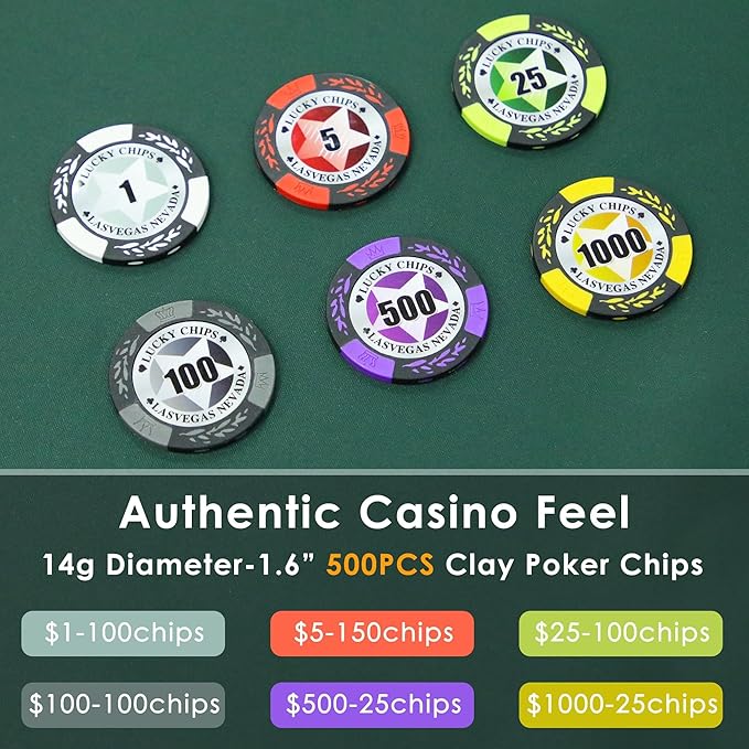 ORIENGEAR Poker Chip Set with Denominations, 500 PCS 14 Gram Clay Composite Casino Chips with ABS